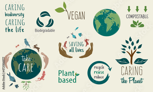 Sustainability illustration and symbols. Recycling, compost, biodegradable, and vegan icons. Lettering with motivational slogans against climate change. Drawing of the planet and hands holding nature.