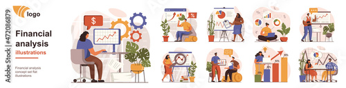 Financial analysis concept isolated person situations. Collection of scenes with people accountants or analysts work with data and financial statistics. Mega set. Vector illustration in flat design