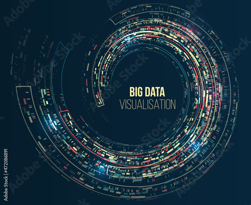 Data stream in the form of an array of circles and binary code. Vector database background. Big data visualization. Processing of data arrays, sorting. Filtering machine algorithms.