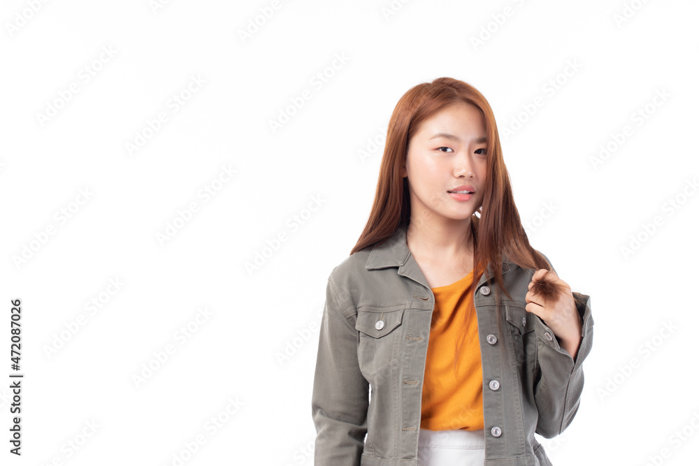 Portrait of beautiful young Asian girl model long hair in casual summer clothes smile, happy and enjoying in studio isolated on white background.