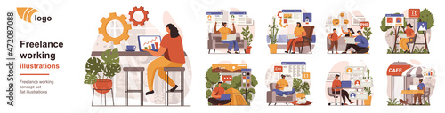 Freelance working concept isolated person situations. Collection of scenes with people remote workers work online in home offices and other locations. Mega set. Vector illustration in flat design