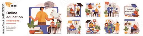 Online education concept isolated person situations. Collection of scenes with people learn from video lessons, watch seminars, trainings and webinars. Mega set. Vector illustration in flat design
