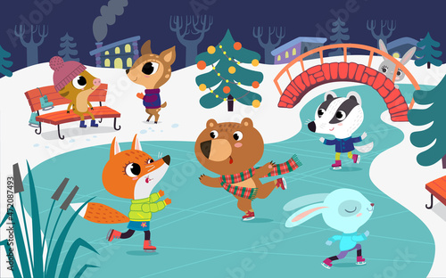 Cute baby animals skate on frozen river. Children have fun in the winter. Little fox, rabbit, badger and bear have fun in the ice rink. Holiday winter background with festive Christmas tree.