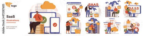 SaaS concept isolated person situations. Collection of scenes with people users use software as a service, subscription, cloud storage and computing. Mega set. Vector illustration in flat design