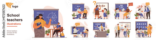 School teachers concept isolated person situations. Collection of scenes with people teach different lessons, explain math or chemistry to pupils in class. Mega set. Vector illustration in flat design