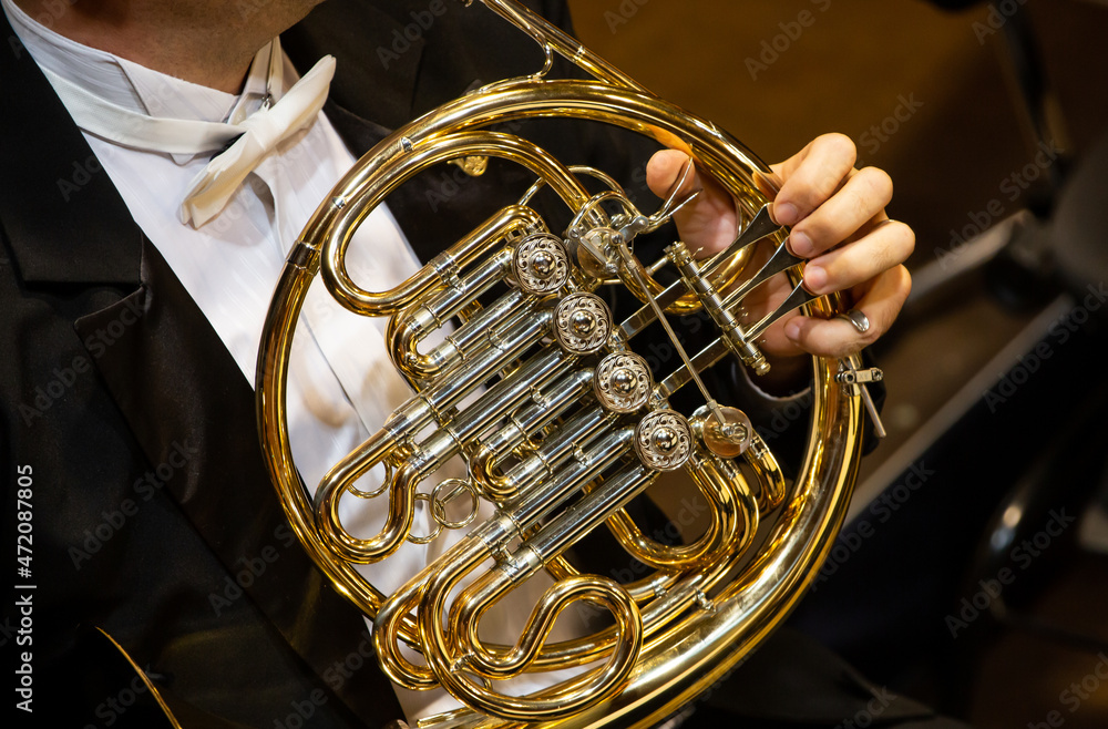 Obraz premium Philharmonist or musician playing to the french horn by the concert