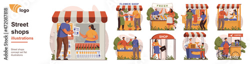 Street shops concept isolated person situations. Collection of scenes with people buy newspapers, flowers, fresh food, fast food or coffee in stores. Mega set. Vector illustration in flat design