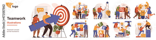 Teamwork concept isolated person situations. Collection of scenes with people collaborate, generate ideas, targeting, leadership, achieve business goals. Mega set. Vector illustration in flat design