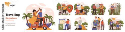 Travelling concept isolated person situations. Collection of scenes with people travelers with luggage go on vacation, summer trip, hiking, global travel. Mega set. Vector illustration in flat design