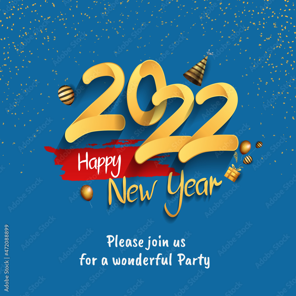 happy new year 2022 golden number with glitter and red ribbon isolated blue background
