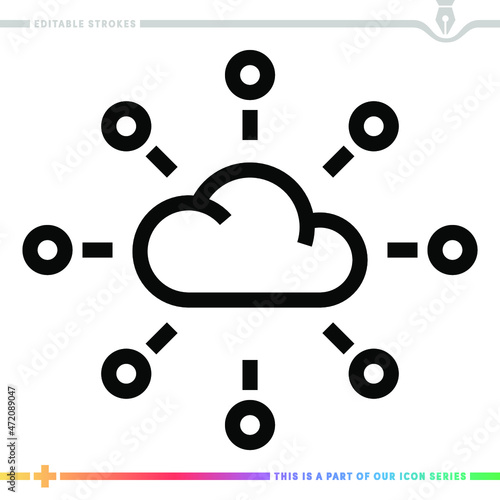Editable line icon of cloud sharing as a customizable black stroke eps vector graphic.