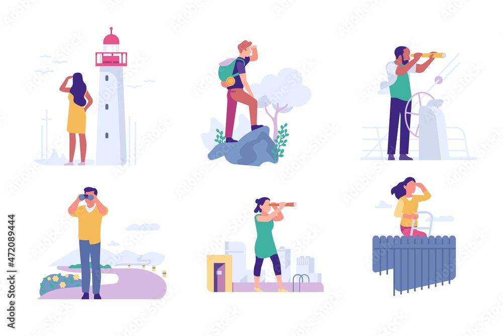 People look landscape. Men and women outdoor with binoculars, telescope and spyglasses peering into distance. Walking, traveling and observation. Forward vision, vector flat isolated set