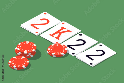 2022 Happy New Year isometry casino style greeting card with playing cards different suits, tokens chips bet on green casino table. Merry Christmas 2K22 Xmas banner poker and blackjak isometric design