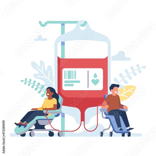 Volunteers blood donation. Tiny people with big dropper for blood transfusion, donors sit in laboratory chairs, humanitarian help and charity, healthcare vector isolated concept