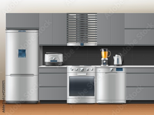 Realistic kitchen interior. Grey 3d furniture, steel refrigerator, multicooker, blender and kettle, washing machine, modern cabinets design and electronic equipment, vector concept
