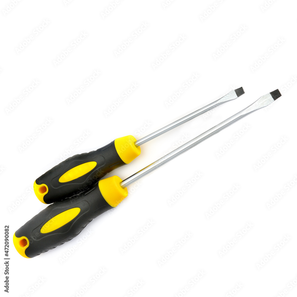Screwdrivers, metal tools, plastic handle for repairing, isolated on white . Screwdrivers, metal tools, plastic handle for repairing, isolated on white .