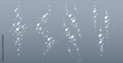 Fizzy drink bubbles. Realistic underwater transparent balls jets. Soda, champagne air balloons, sparkling water with oxygen, carbonation process. Pure aerated liquid, vector isolated set