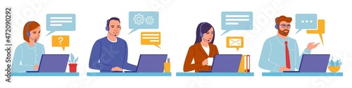 Support service operators. Customers consulting, people with headset, round-the-clock assistance staff, call center help hotline, clients questions, vector cartoon flat isolated set
