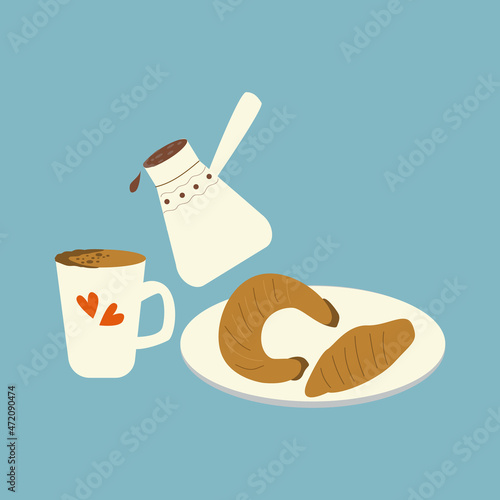 Turkish coffee in Turkish cezve, coffee mug and bun and croissant. Cozy breakfast vector illustration.