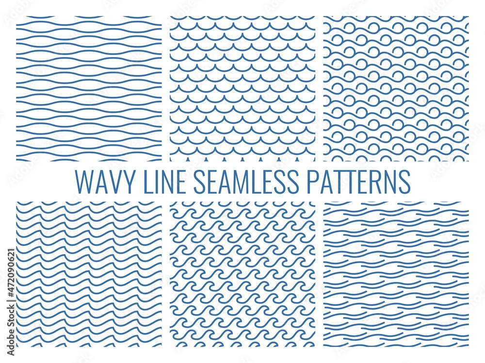Wavy line seamless patterns. Nautical simple designs elements, smooth ...