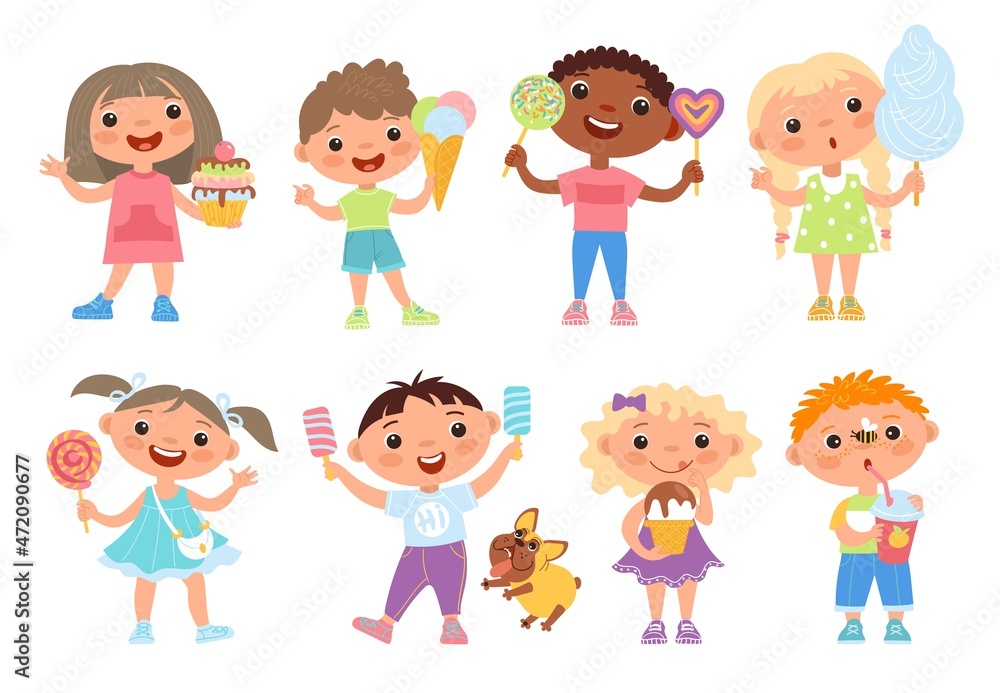 Children eat sweets. Cute funny kids hold different sugar foods, candies, ice cream and cotton candy, happy girls and boys with lollipops and cakes standing, vector cartoon isolated set