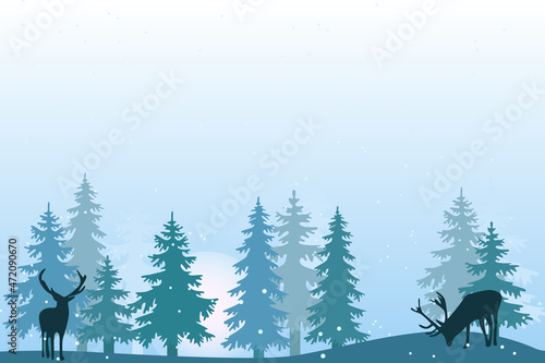Winter landscape. Snowing time.Winter fir-forest. Sihoulette of deers, fir-trees, forest. Winter wallpaper. Winter vector background. 