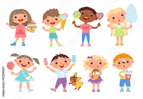 Children eat sweets. Cute funny kids hold different sugar foods  candies  ice cream and cotton candy  happy girls and boys with lollipops and cakes standing  vector cartoon isolated set