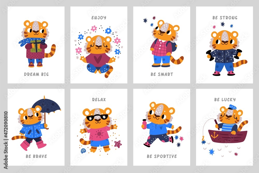 Naklejka premium Cute tigers cards. Zodiac year funny characters, little predatory animals mascots, kids posters collection. Childish style illustration with motivation text. Vector cartoon flat isolated set
