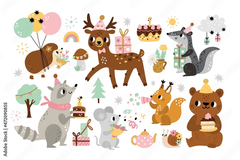 Cute birthday animals. Kids holiday party, children cartoon forest  characters with decorative attributes, celebration elements, hedgehog with  balloons, bear eat cake vector set Stock Vector | Adobe Stock