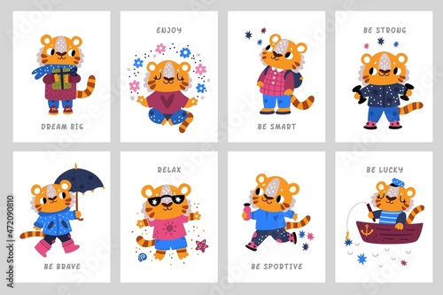 Cute tigers cards. Zodiac year funny characters, little predatory animals mascots, kids posters collection. Childish style illustration with motivation text. Vector cartoon flat isolated set