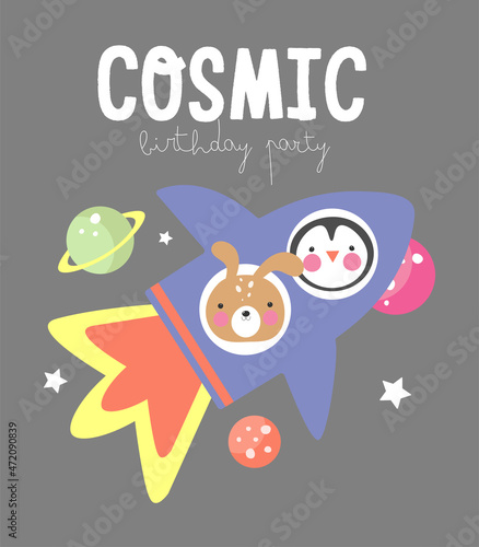 Space Party Invitation Card Template  Birthday Party in Cosmic Style Celebration  Greeting Card  Flyer Cartoon Vector. Kids illustration with rocket and Animal astronauts.