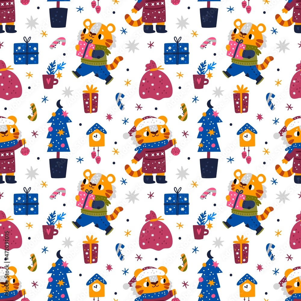 Cute tigers seamless pattern. New year funny animals in warm winter clothes with gifts, christmas tree toy, little holiday predators. Decor textile, wrapping paper wallpaper, vector print