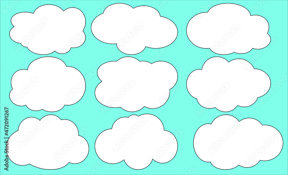 Set of cloud or bubble vectors of different shapes with blue background. Flat vectors set of clouds. Set of cloud or bubble vectors of different shapes with blue background. Flat vectors set of clouds.