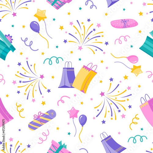 Seamless pattern with gifts, fireworks, ballons and stars. Vector color illustration on the white background.