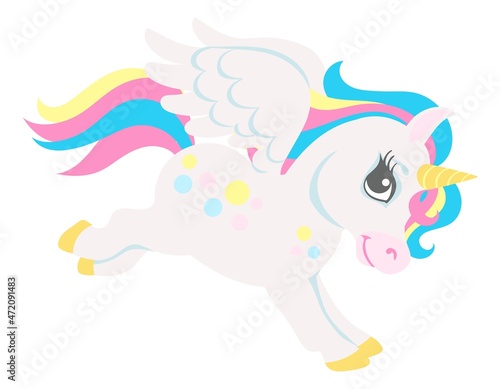 Cute little unicorn flying. Running magic animal with wings