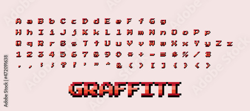 Vector pixel art 8 bit style graffiti abc alphabet capital uppercase, lowercase, numbers, special symbols letter character icon set, white with black outline