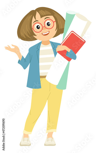 Young woman with books and papers. Cartoon smart person
