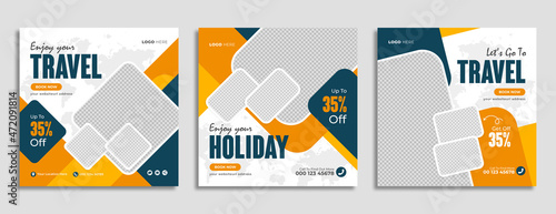 Travel sale business marketing social media banner post template design with abstract background, logo and icon. Traveling or travelling & summer beach holiday promotion flyer or web poster.    