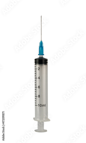 Medical syringe with a needle, ten milliliters, on a white background in isolation