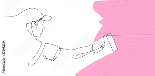 Continuous one line drawing of human hand holds paint brushes with paint can  floor painting  blank space for your text  banner  advertisement or your design minimal outline. Vector illustration