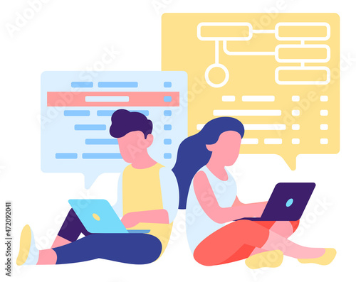Man and woman coding together. Pair programming concept