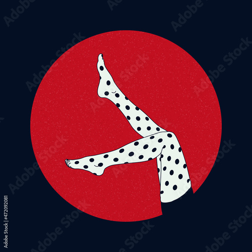 Female legs in tights. Polka dot stockings. Japanese sumi-e red circle