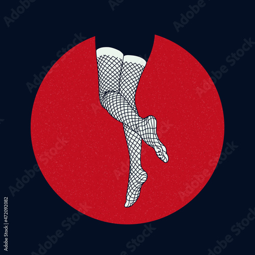 Female legs in tights. Fishnet stocking. Japanese sumi-e red circle
