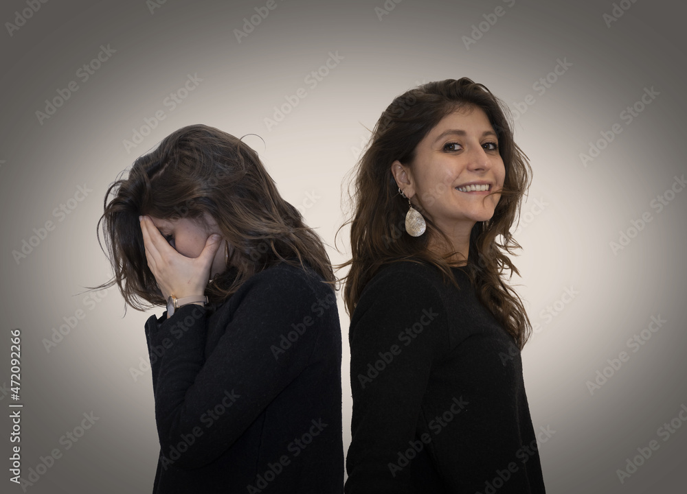 Same woman with different emotions. Concept of bipolar disease or woman's emotions. Same woman with different emotions. Concept of bipolar disease or woman's emotions.