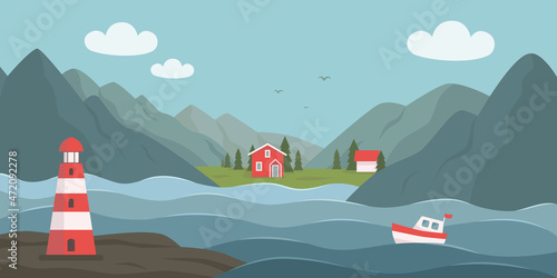 Norwegian landscape in North Europe. Vector illustration. Nature outdoor lifestyle.