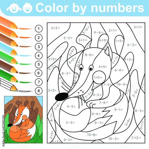 Color by numbers - addition and subtraction worksheet for education. Coloring book. Solve examples and paint the fox. Math exercises worksheet. Developing counting learn. Printable page for kids.
