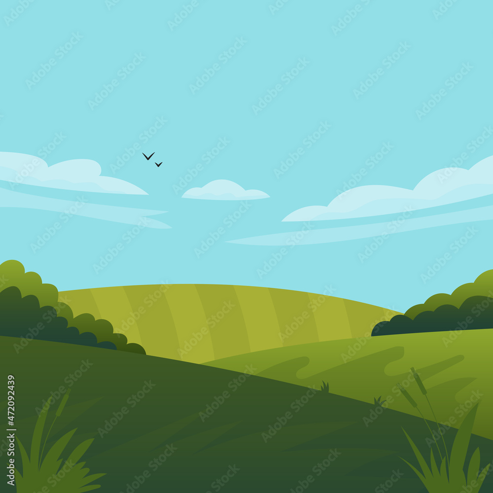Vector illustration of beautiful fields landscape with a dawn, green hills, bright color blue sky, background in flat cartoon style Vector illustration of beautiful fields landscape with a dawn, green hills, bright color blue sky, background in flat cartoon style