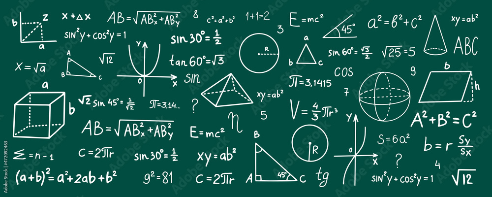 Hand drawn math symbols. Math symbols on green background. sketch math symbols - obrazy, fototapety, plakaty 