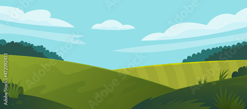 Vector illustration of beautiful fields landscape with a dawn  green hills  bright color blue sky  background in flat cartoon style.