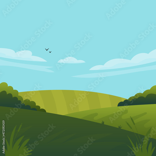 Vector illustration of beautiful fields landscape with a dawn, green hills, bright color blue sky, background in flat cartoon style